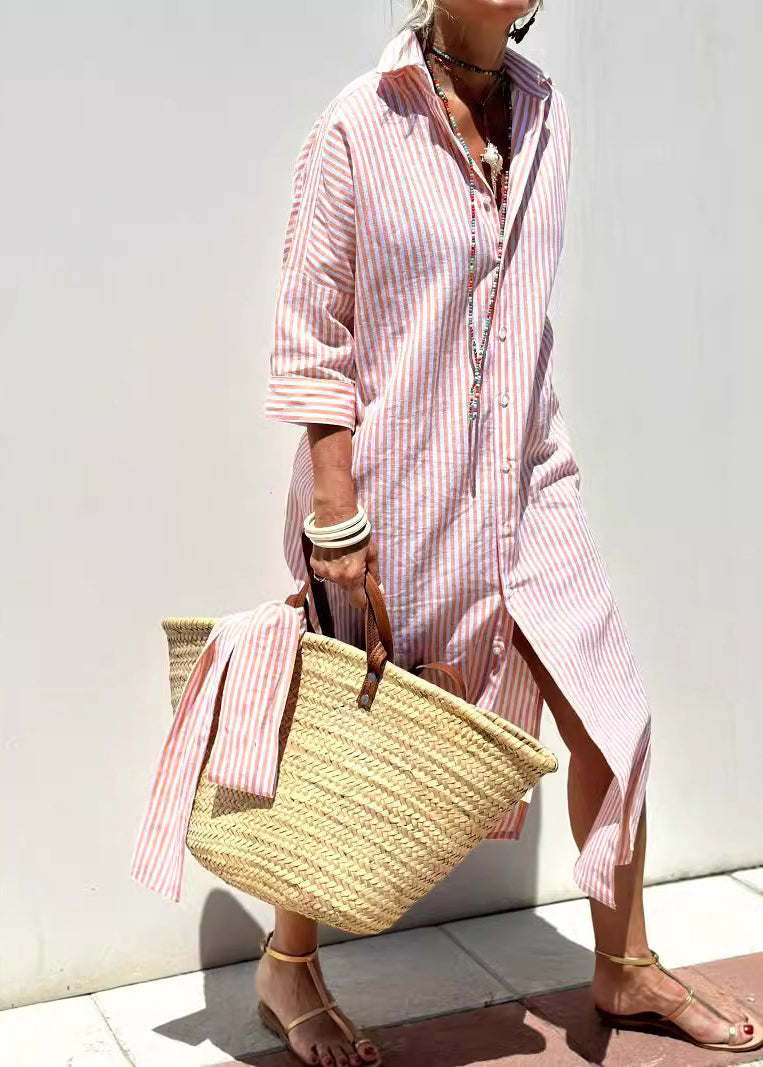 Natural Pink Peter Pan Collar Striped Side Open Button Maxi Dresses Fall