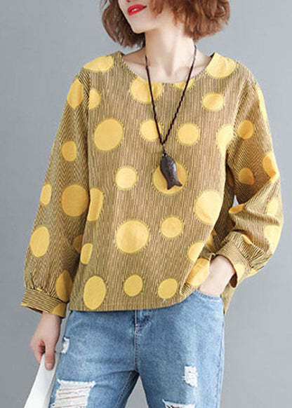 Yellow O-neck Oversized Dot Print Cotton Tops Spring