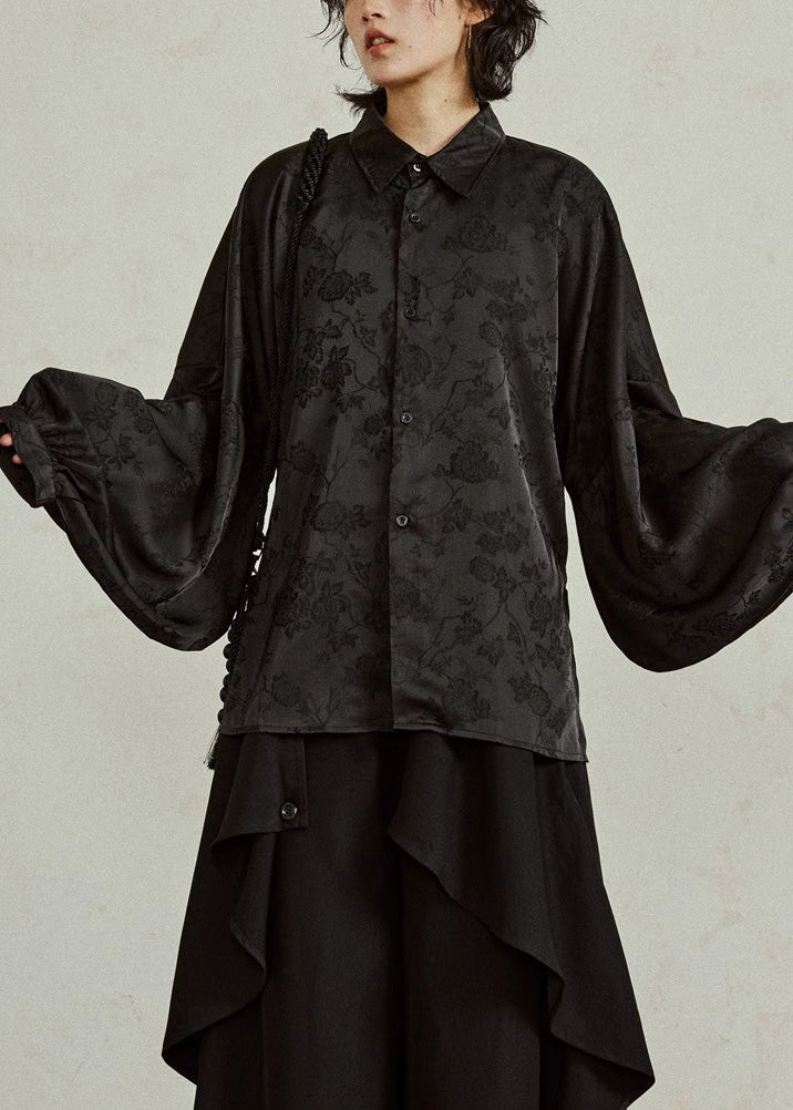 Jacquard Black Button Silk Shirts Fall
