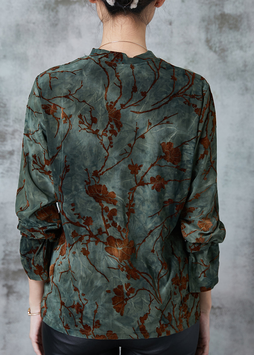 Blackish Green Jacquard Silk Velour Shirts Spring