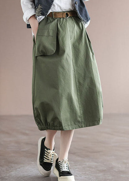 Green Patchwork Cotton Skirt High Waist Pockets Summer