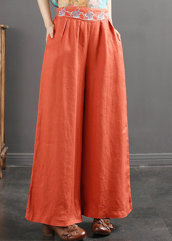 Italian Purple Embroideried Pockets Linen Straight Pants Spring