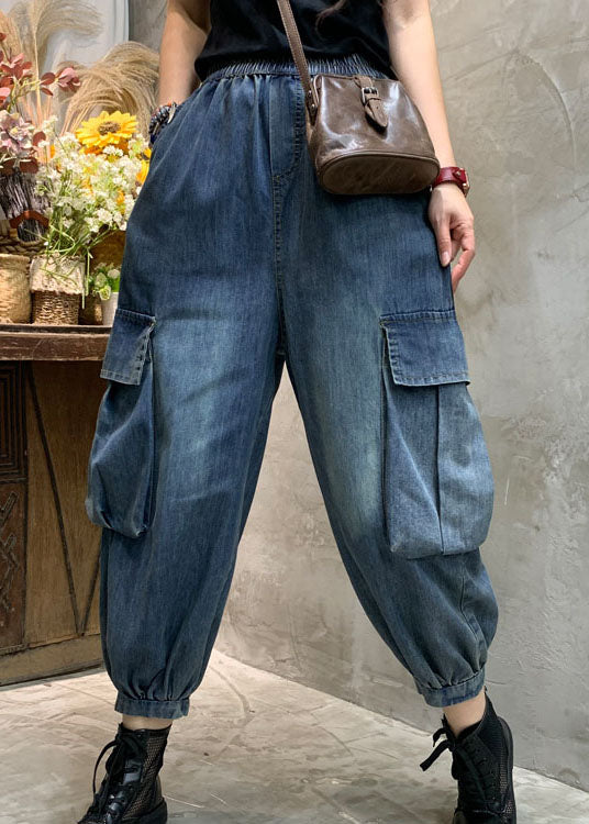 Unique Blue Pockets Denim Lantern Pants Spring