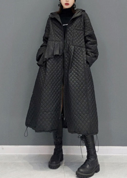 Black Hooded Pockets Fine Cotton Filled Witner Coat Winter