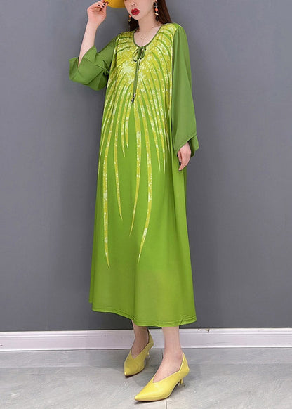 Green Chiffon Vacation Dress Appliques Lace Up Long Sleeve