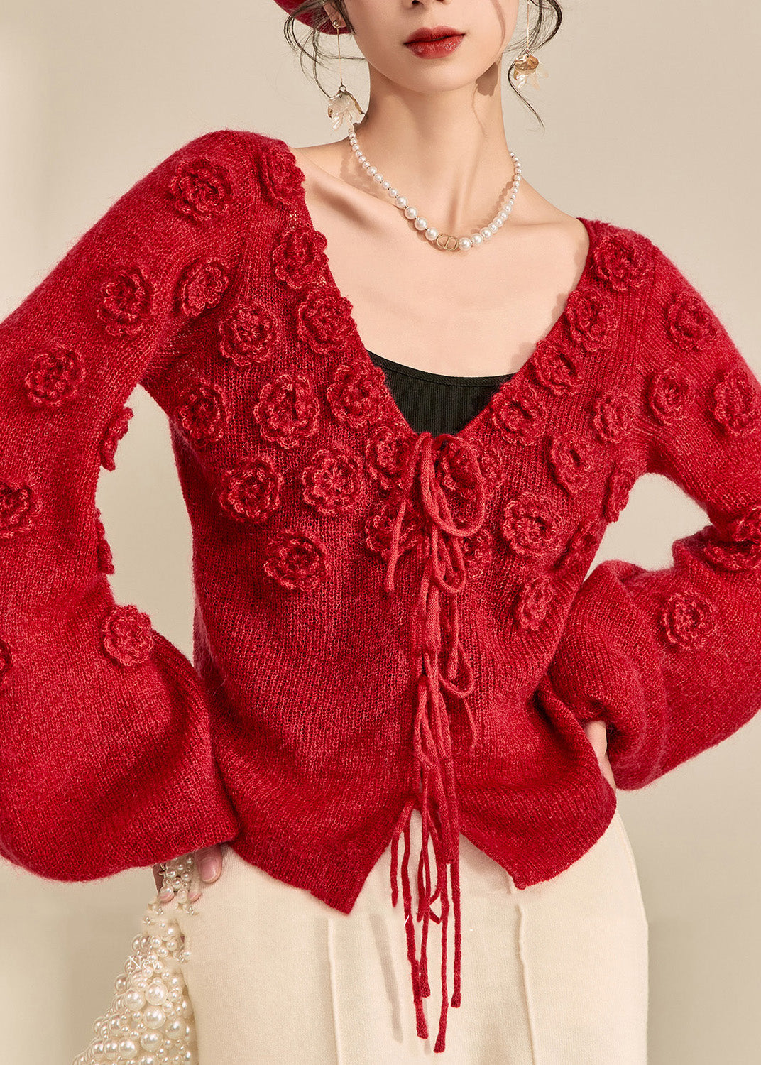 Style Red V Neck Drawstring Cotton Knit Sweater Lantern Sleeve
