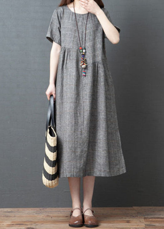 Grey Plaid Vacation Dress O-neck Cinched Short Sleeve