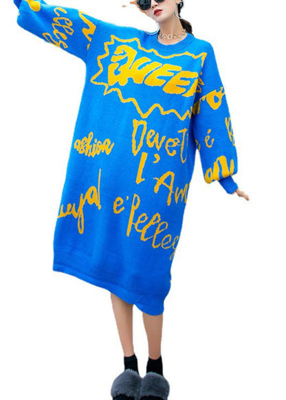 French Blue Loose O-neck Knit Fall Sweater Dress