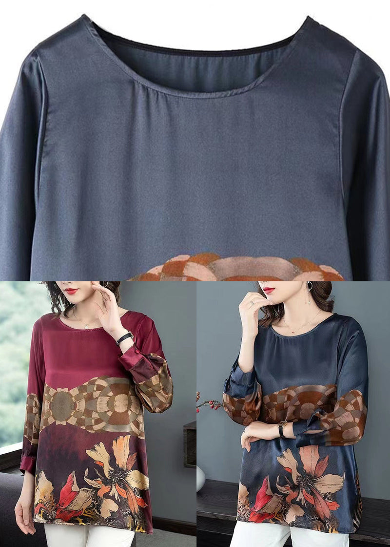 Navy O Neck Print Patchwork Silk Tops Fall