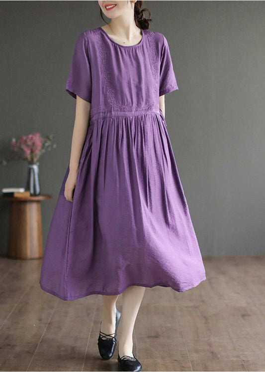 Classy Purple O-neck Embroideried Cotton Dress Summer
