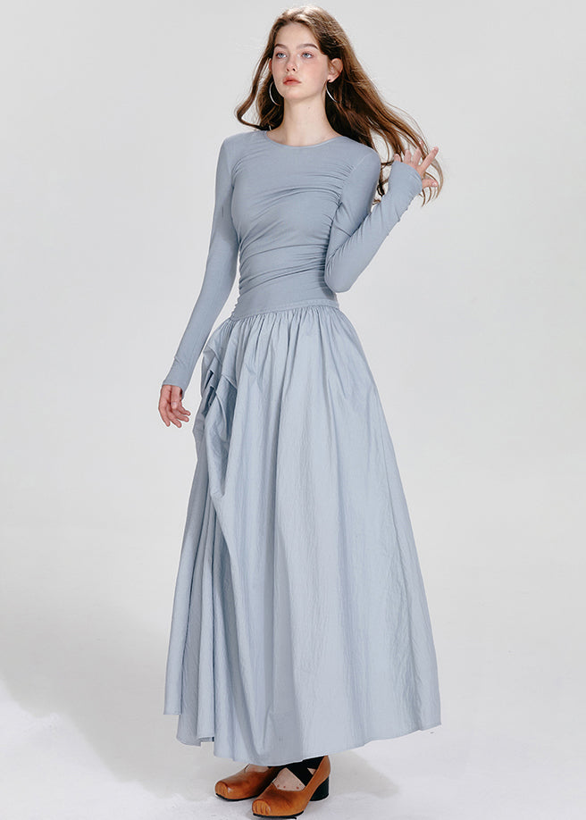 French Blue O-neck Asymmetrical Wrinkled Maxi Dresses Fall