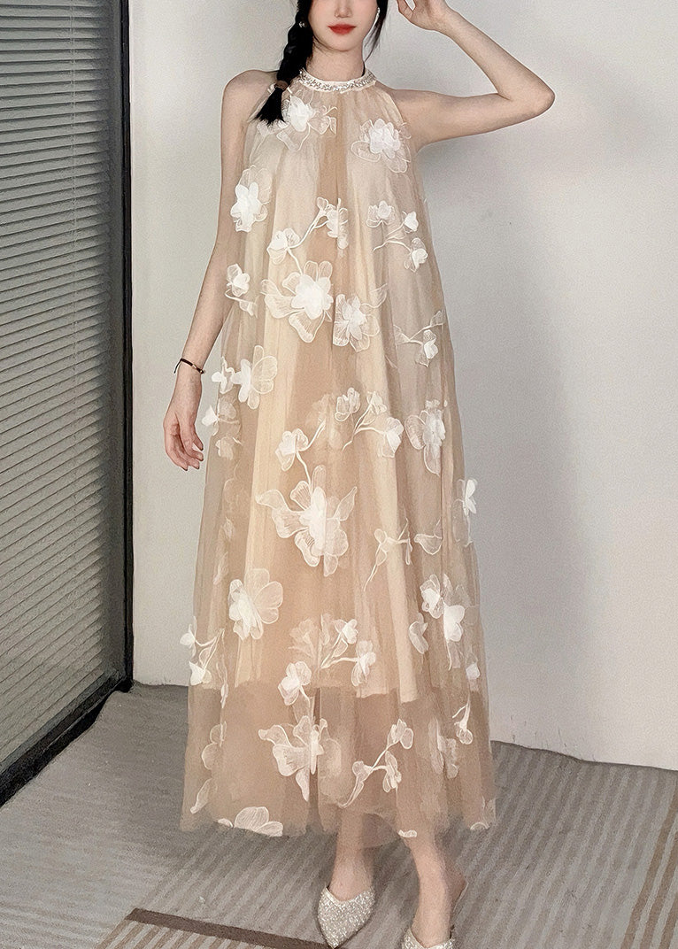 Apricot O-neck Cold Shoulder Tulle Dress Sleeveless