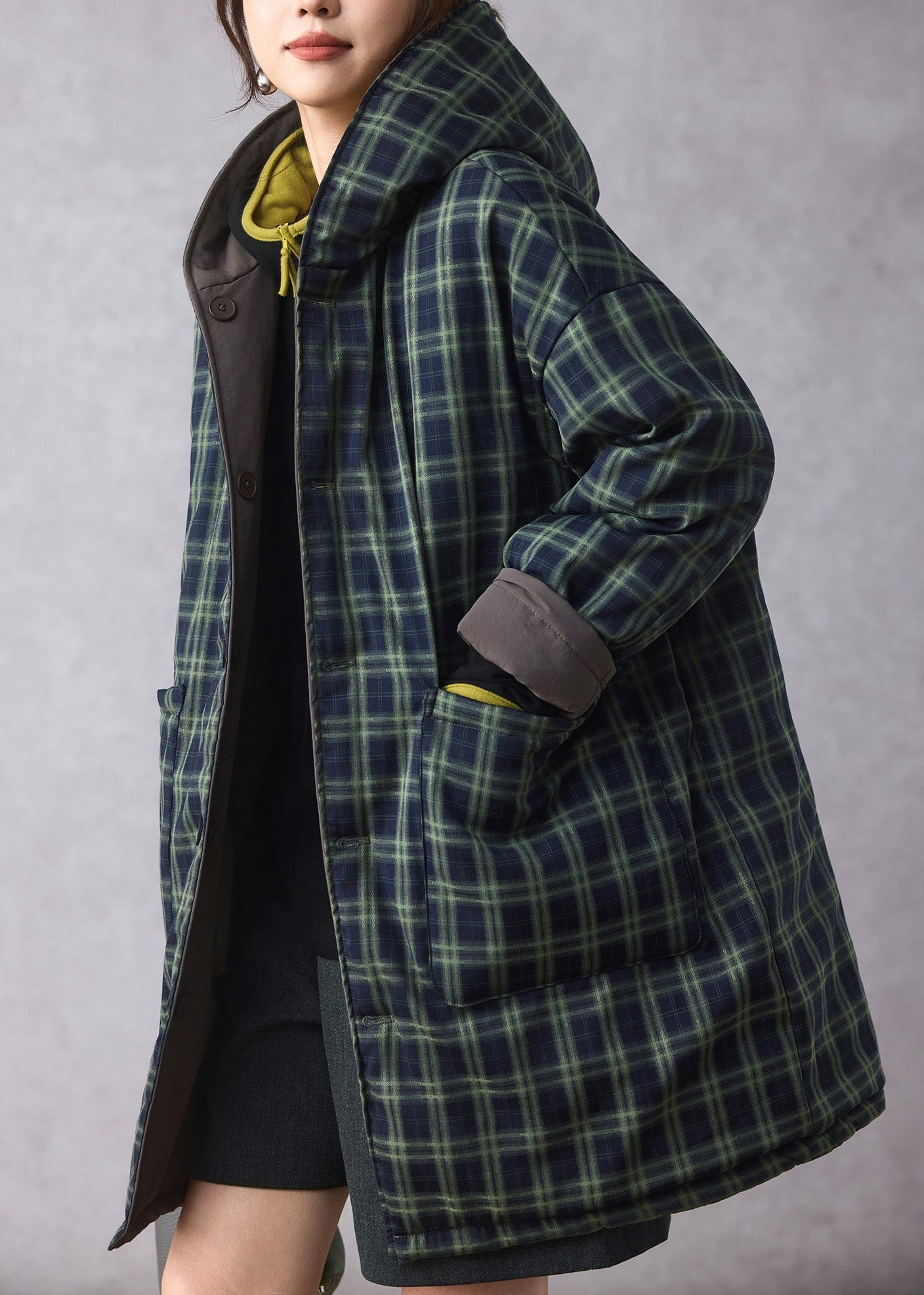 Loose Green Plaid Wear on Both Sides Fine Cotton Filled Hooded Coats Winter