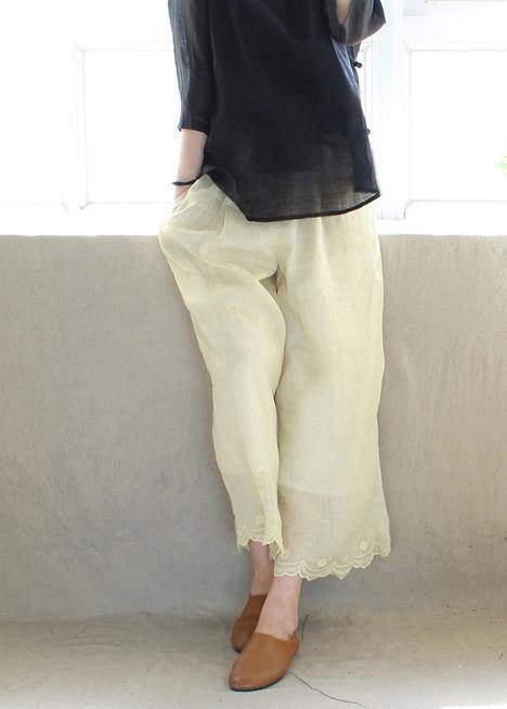 Light Yellow Embroidery Trousers Thin Summer Elastic Waist Wardrobes Pants