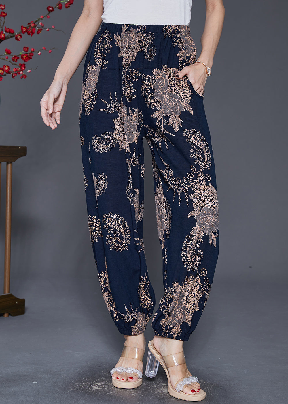 Navy Oversized Print Cotton Lantern Pants Fall