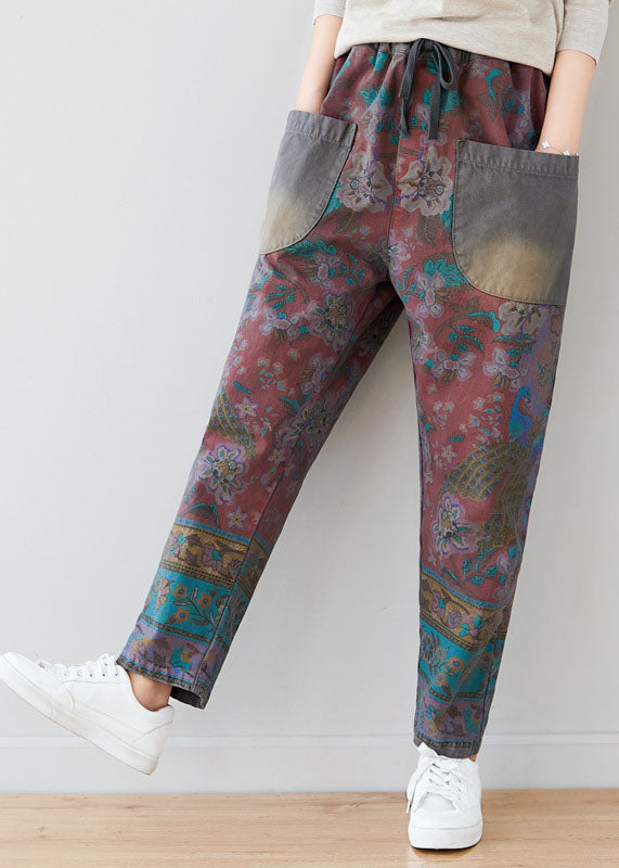 Unique Grey Tie Waist Pockets Patchwork Print Pants Spring
