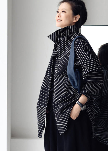 Black Peter Pan Collar Asymmetrical Striped Button Low High Design Cotton Shirt Long Sleeve