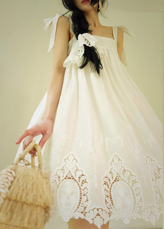 White Embroidered Hollow Out Cotton Party Long Dress Summer