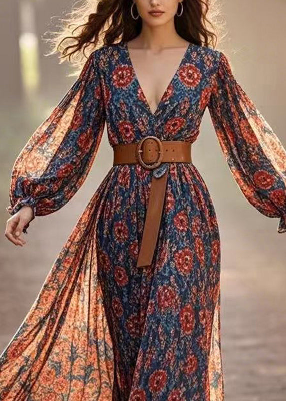 Red Patchwork Tunic Chiffon Long Dress Lantern Sleeve