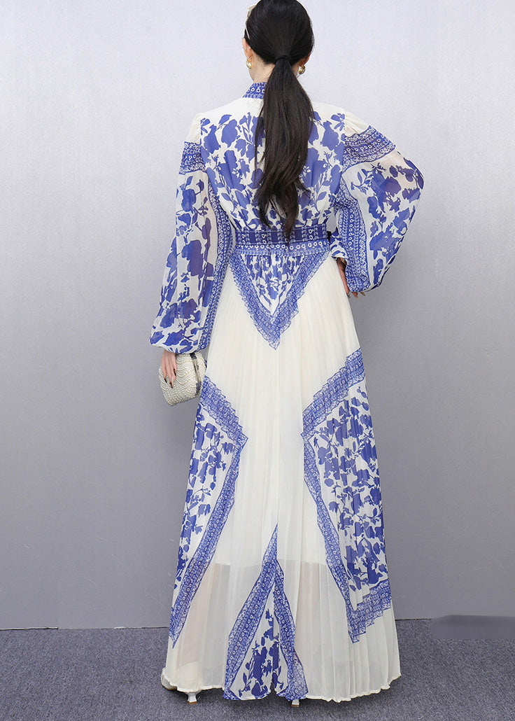 Blue Tunic Print Chiffon Pleated Dresses Summer