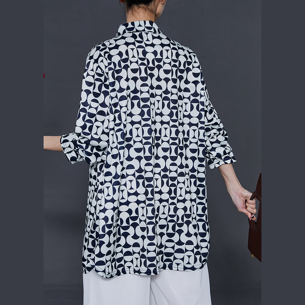 French Black Oversized Print Chiffon Shirt Tops Summer