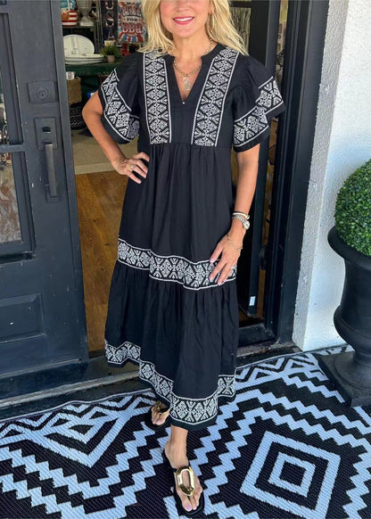 White V Neck Print Cotton Long Dresses Summer