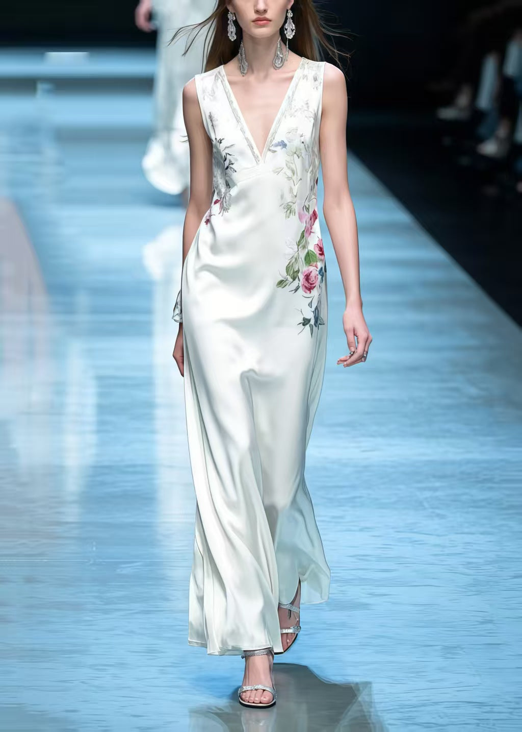 White V Neck Silk Straight Dress Sleeveless