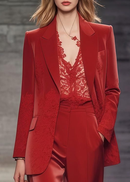 Boutique Red Oversized Patchwork Lace Spandex Coats and Straight Pantstwo Pieces Set Spring