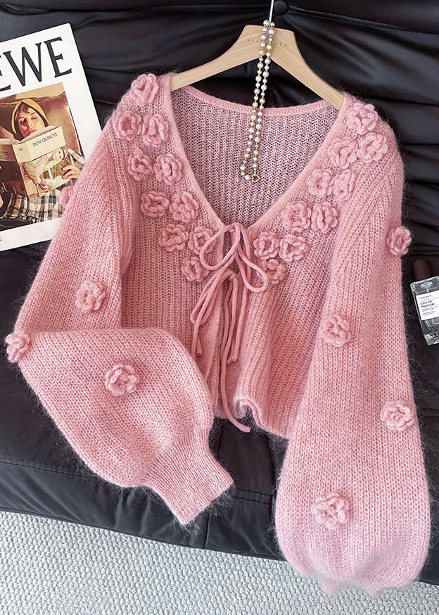 Pink V Neck Stereoscopic Knit Cardigans Fall