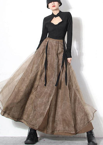 Brown Tulle High Waist Zippered Skirt
