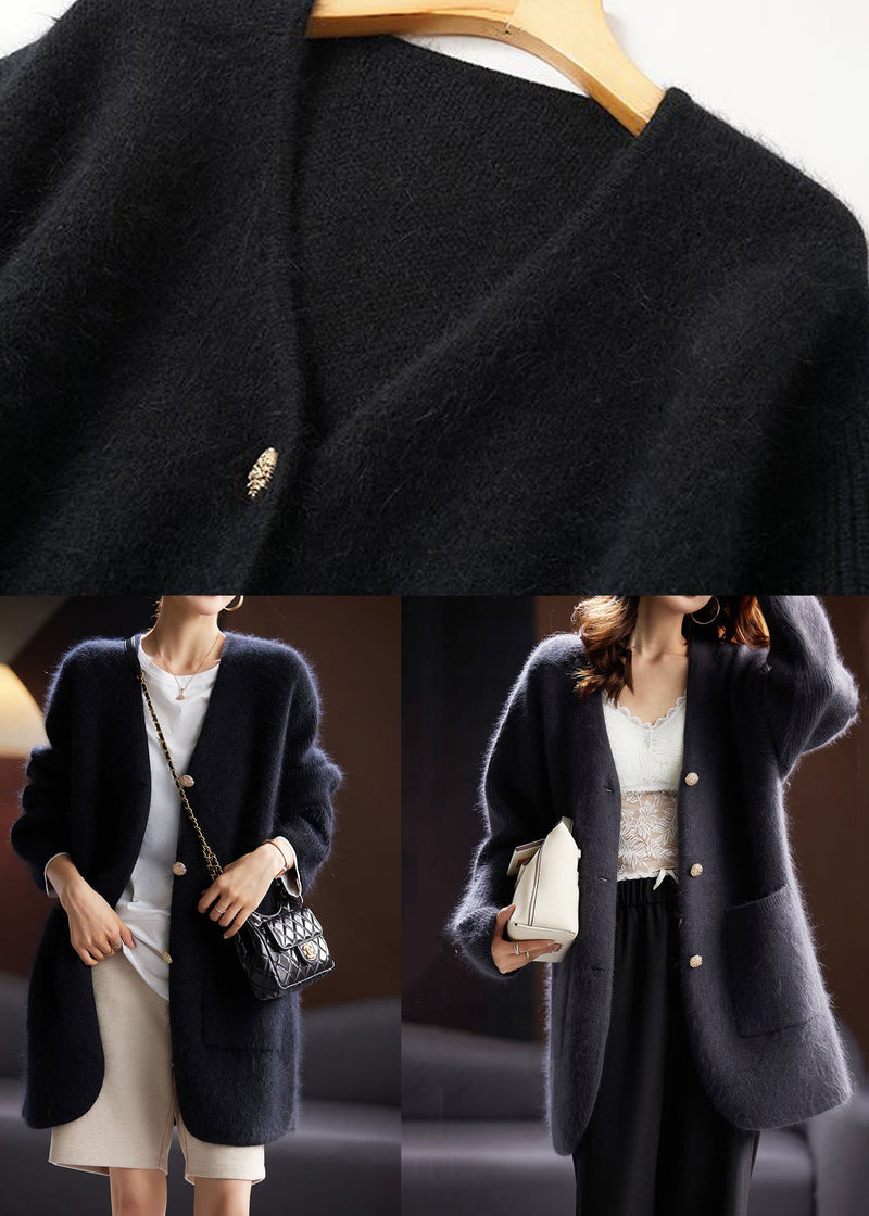 Black Button Pockets Cotton Knit Cardigan Long Sleeve