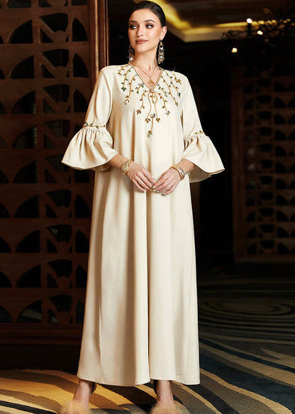 Apricot Embroideried Chiffon Long Dress Flare Sleeve Summer