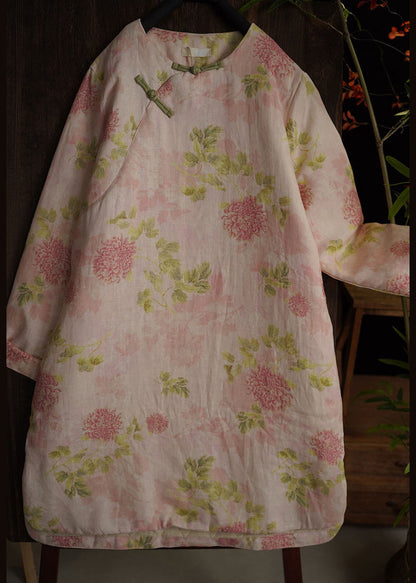 Pink Chinese Button Print Side Open Cotton Filled Dress Spring
