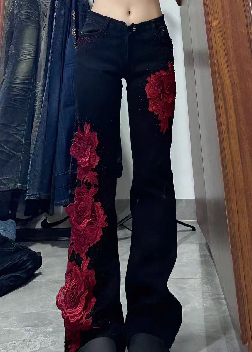 Black Patchwork Rose Decorated Denim Flared Trousers Spring