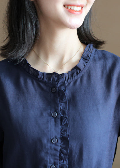 Tibetan Blue Drawstring Ruffled Button Linen Long Dress Half Sleeve