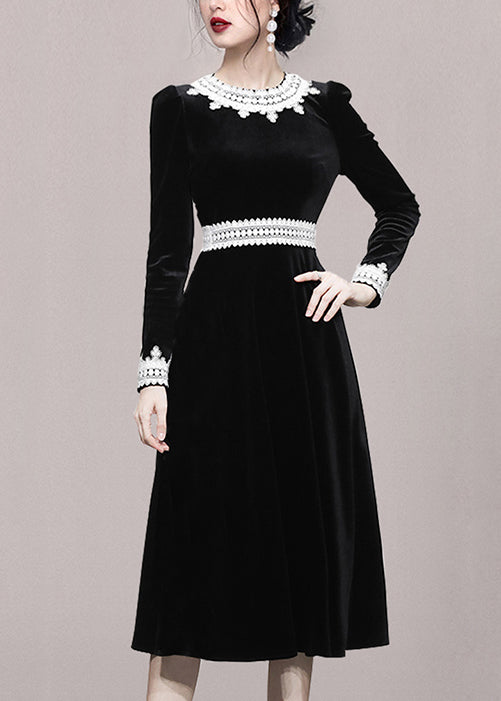 Slim Fit Black O-neck Lace Patchwork Velour Dress Fall
