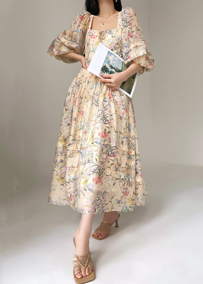 Print Square Collar Silk Dresses Lantern Sleeve