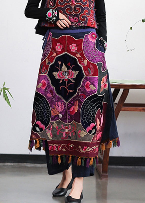 Embroideried Tassel Drawstring Tie Waist Elastic Waist Skirt Summer