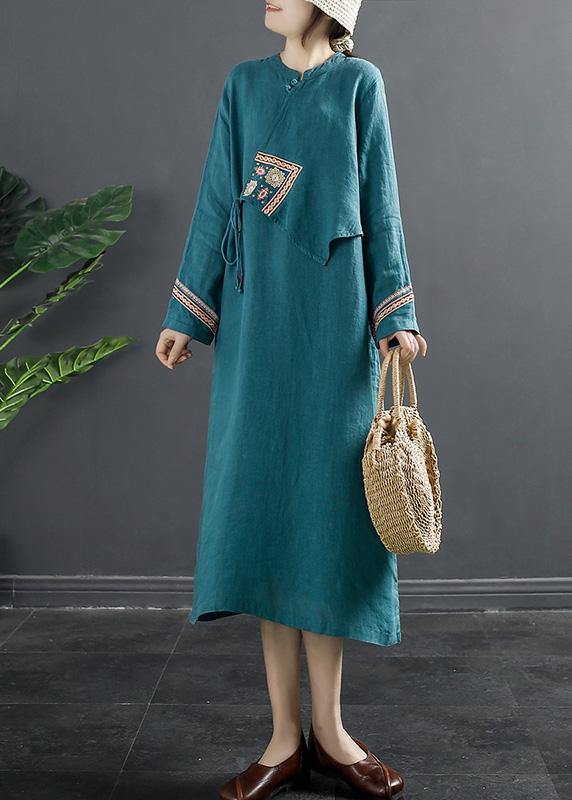 Blue Embroidery Quilting Clothes Patchwork Loose Dresses