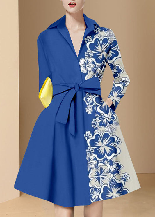 Classy Blue Tie Waist Peter Pan Collar Print Silk Dresses Long Sleeve