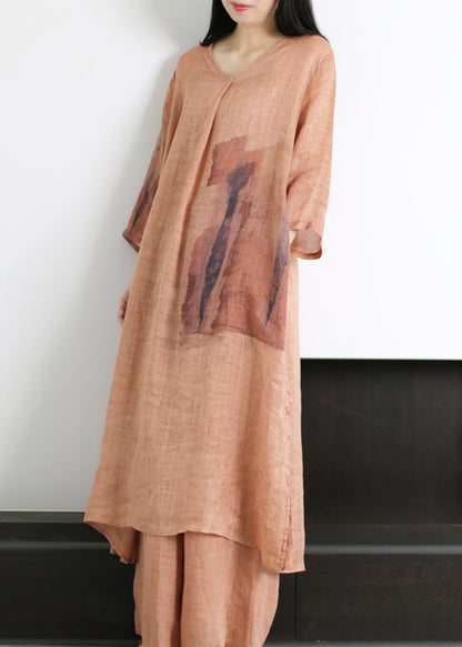Stylish Red V Neck Side Open Tie Waist Print Linen Two Piece Set Clothing Summer