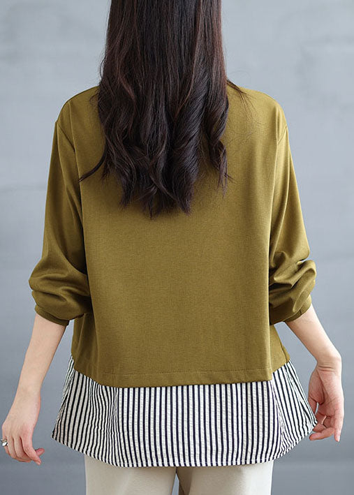Green O Neck Patchwork False Two Pieces Cotton Top Spring