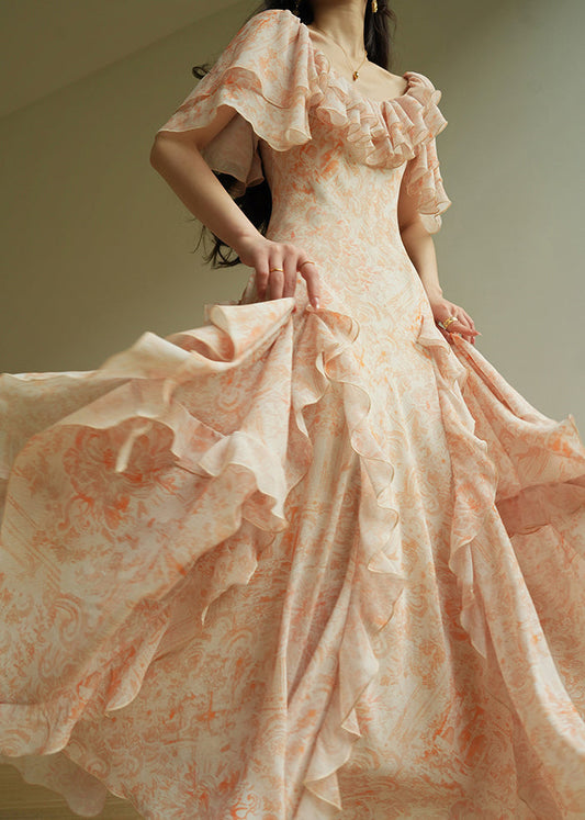 French Orange O-neck Ruffled Maxi Dresses Summer