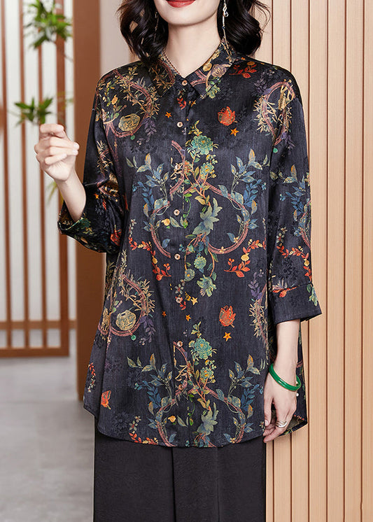 Navy Print Button Patchwork Silk Shirt Tops Fall