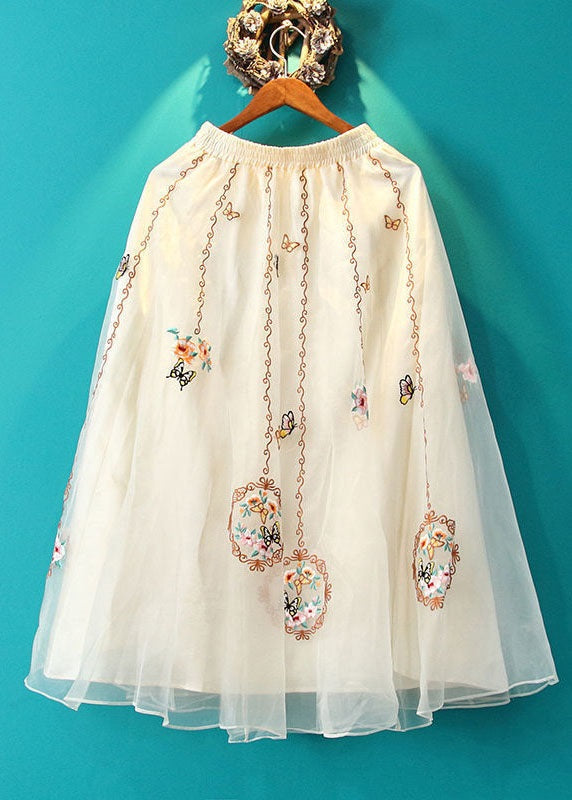 Apricot Wrinkled Embroideried Tulle Skirt Summer