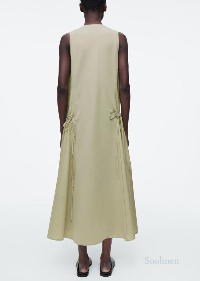 Light Green Wrinkled Drawstring Cotton Vacation Dresses Sleeveless