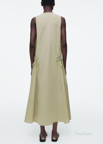 Light Green Wrinkled Drawstring Cotton Vacation Dresses Sleeveless