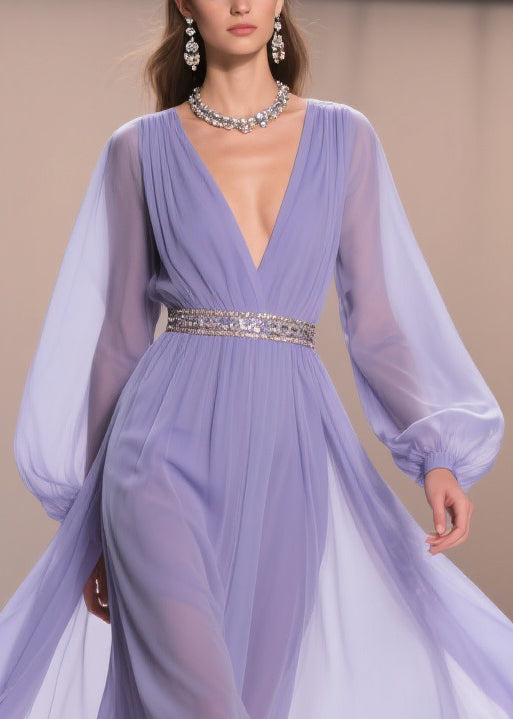 Purple V Neck Wrinkled Chiffon Exra Large Hem Dresses Spring