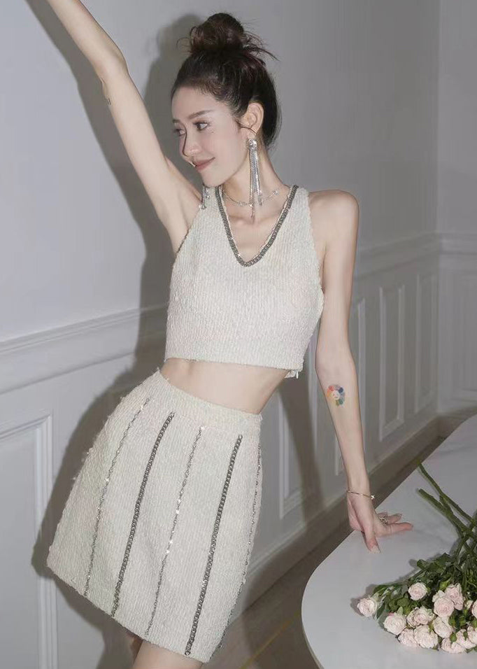 White Chain Linked Tasseled Zircon Cotton Three Pieces Set Fall