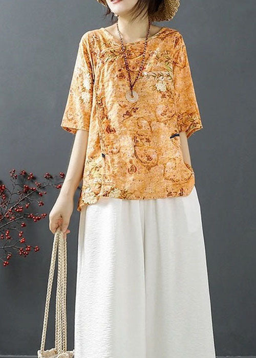 Natural Orange Print Low High Design Tops Half Sleeve